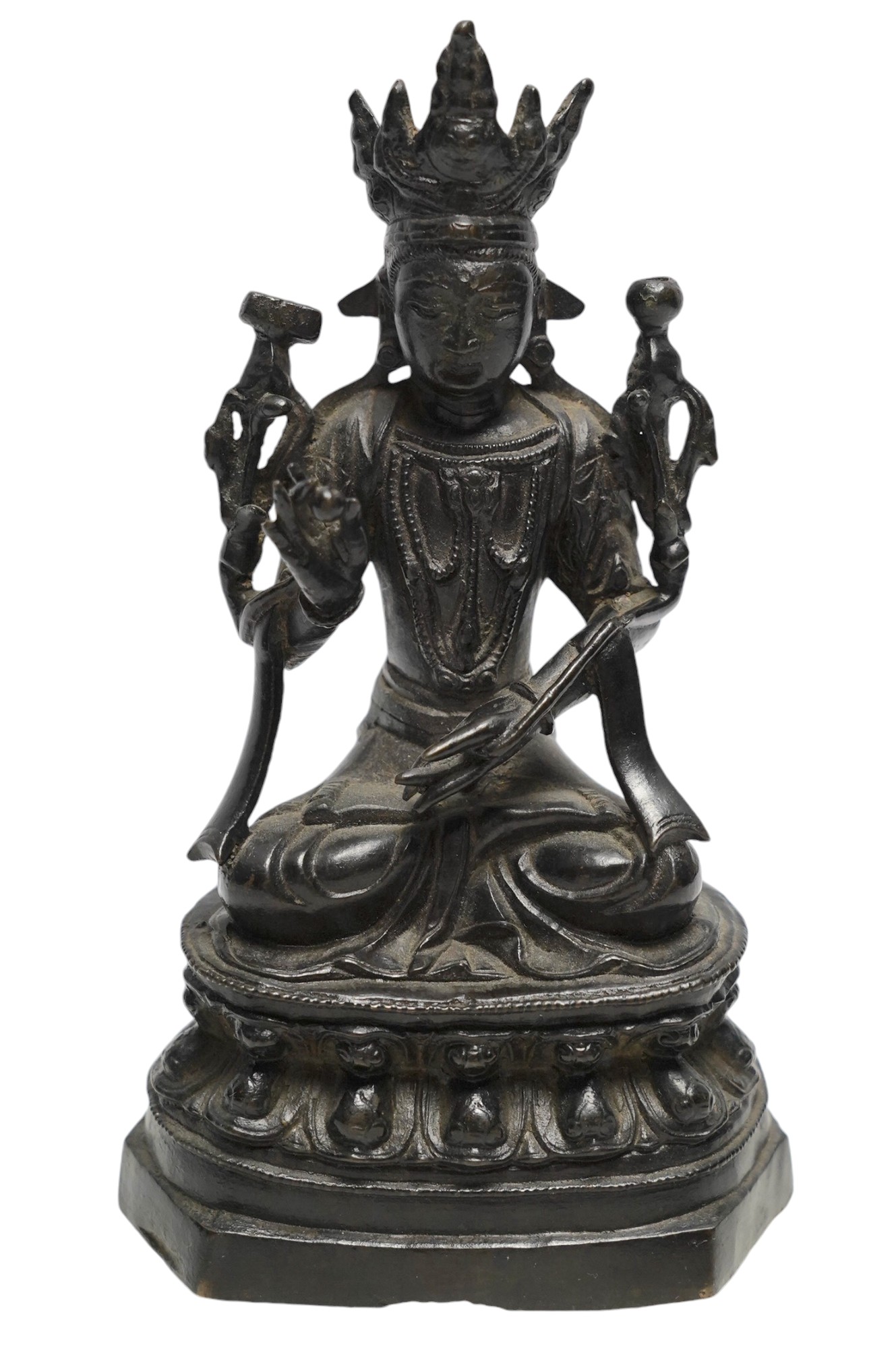 A Chinese lacquered bronze figure of Bodhisattva, 19cm. Condition - fair